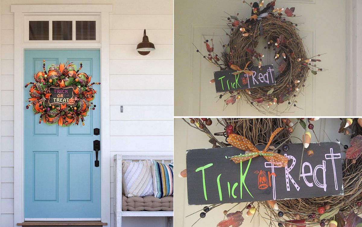 Halloween wreath with trick or treat sign