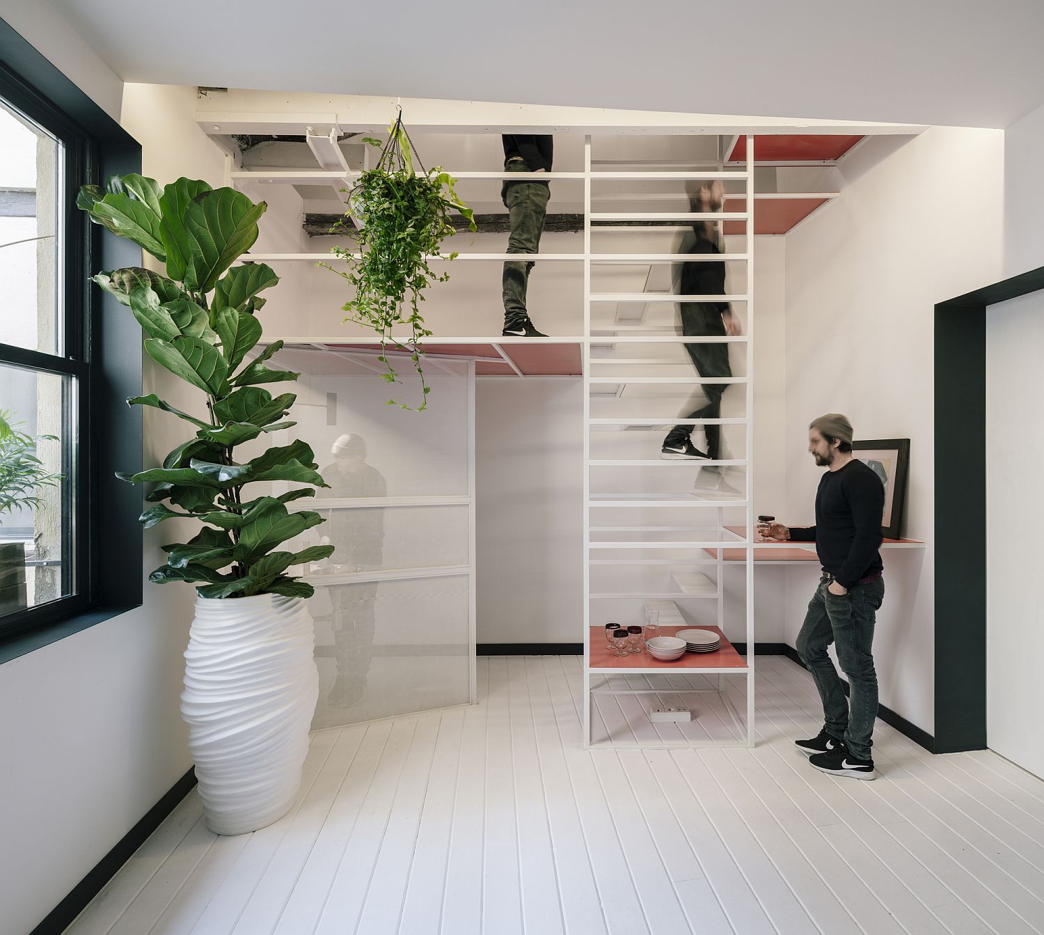 Innovative interior of tiny 46sqm apartment in Madrid with a loft level