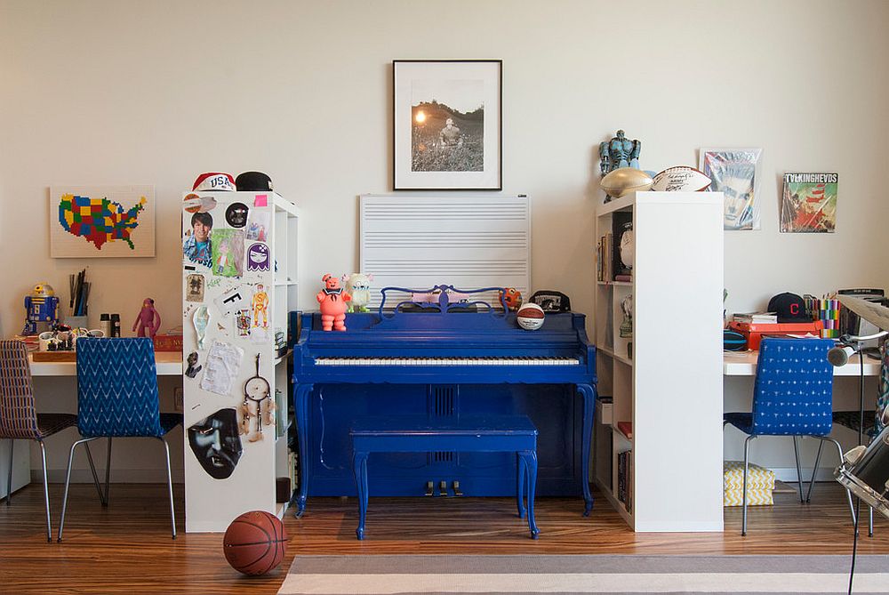 Kids' room with multiple homeworkstations and a music area