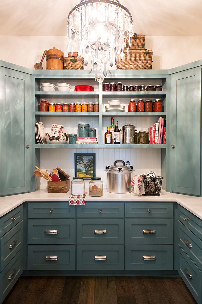 open shelved pantry with gray-green cupboards 