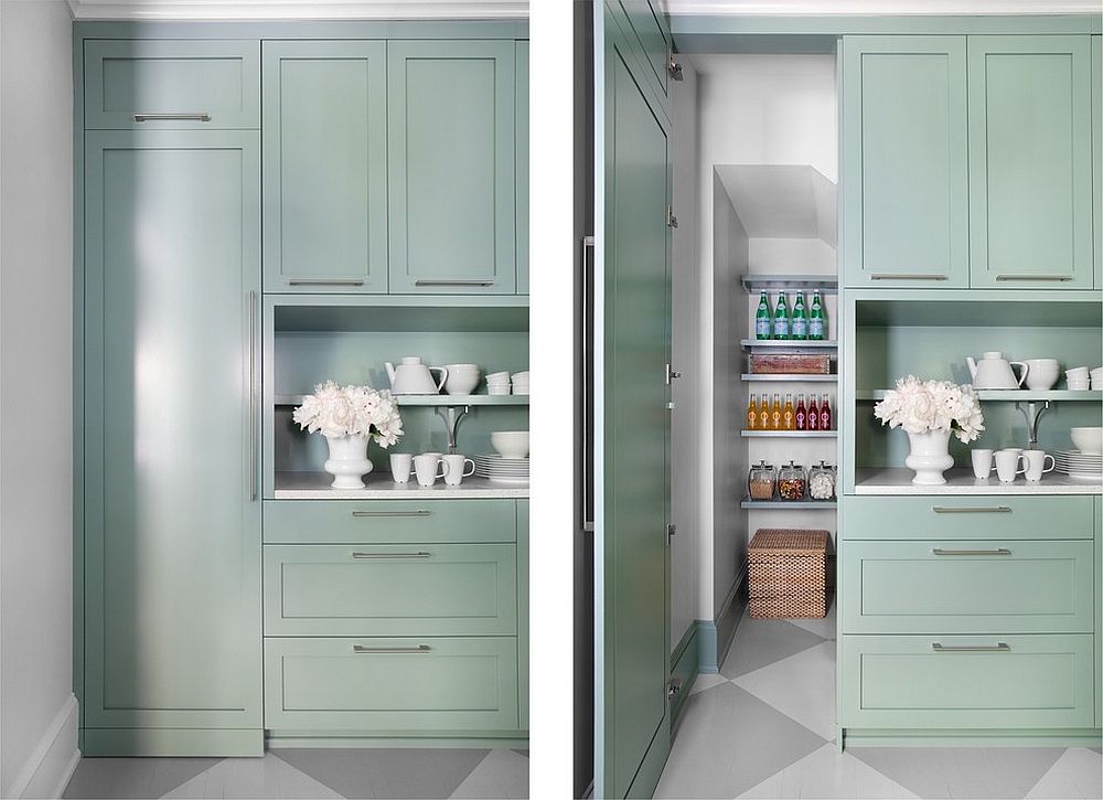 green pastel pantry blends in with kitchen cupboards