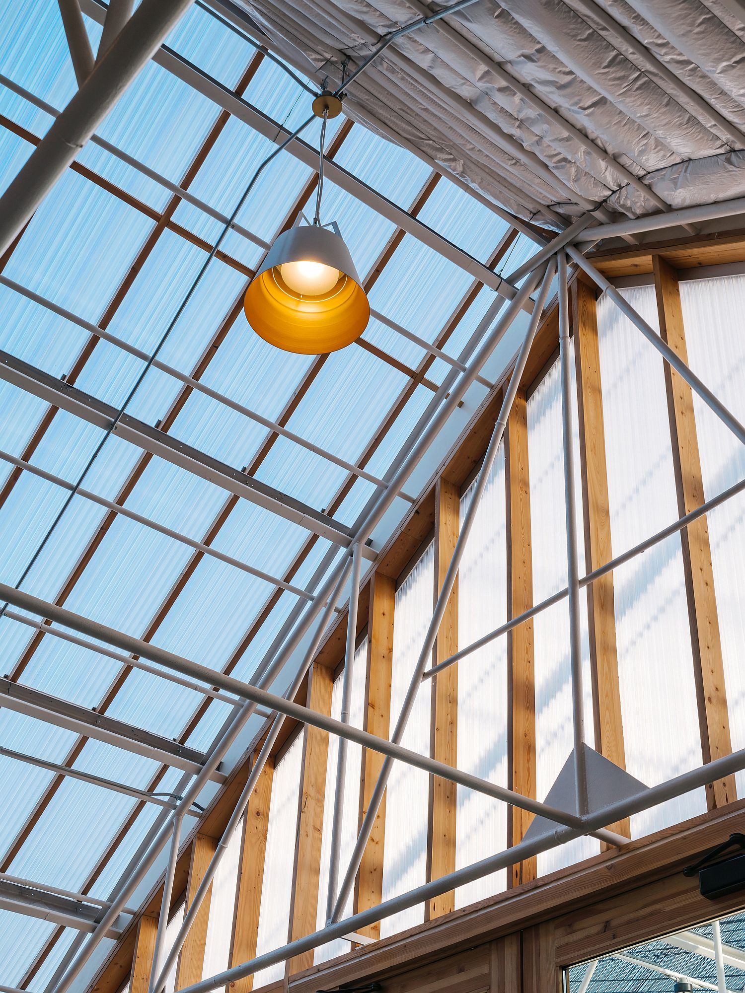 Polycarbonate panels and industrial lighting inside the cafe