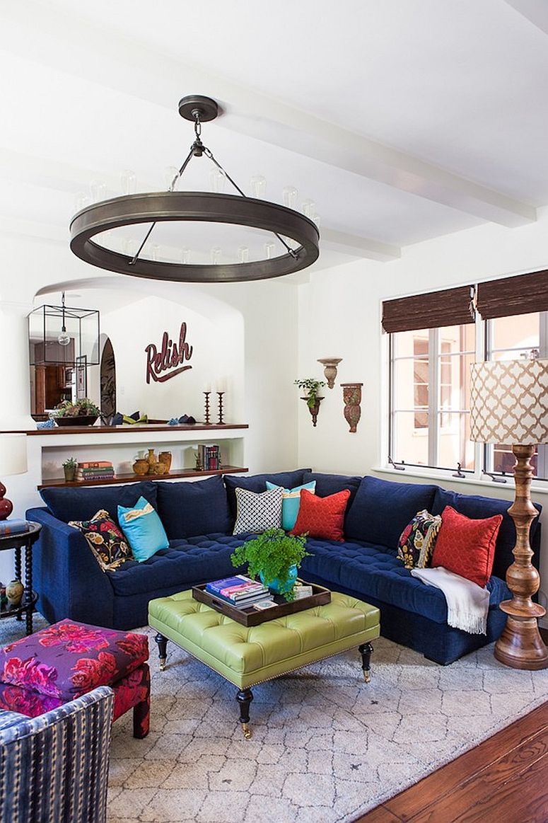 Sectional in navy blue anchors this open plan living area