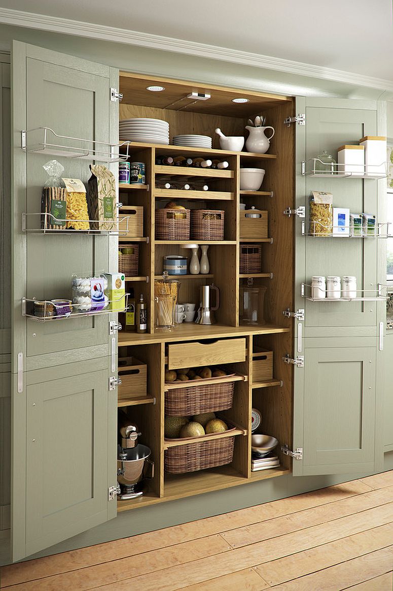 green pantry opened to show wire shelves inside