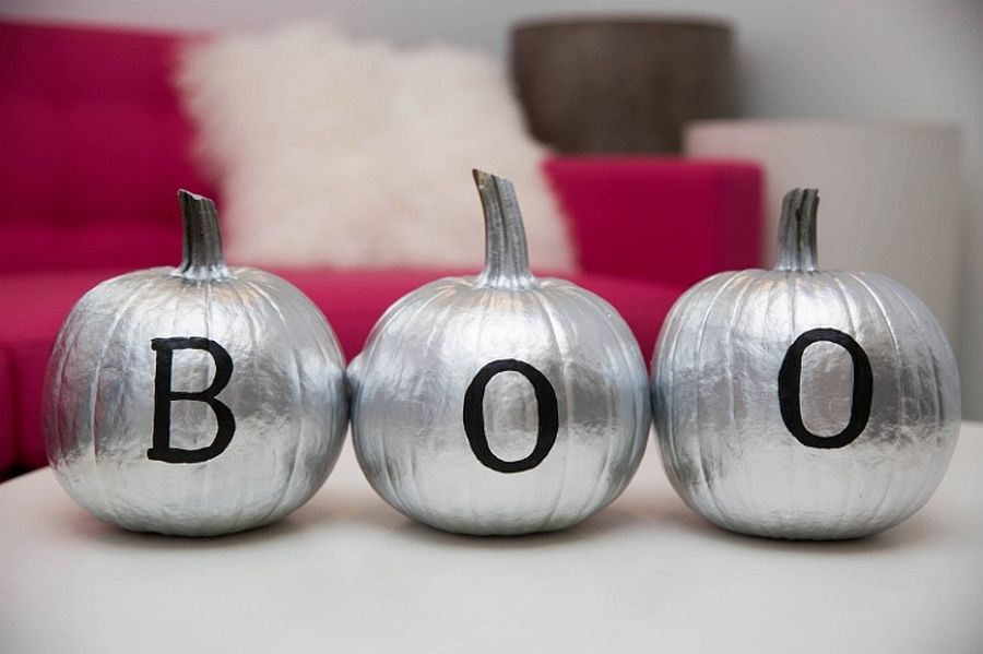 Style coupled with Halloween charm with silver painted DIY pumpkins that say Boo