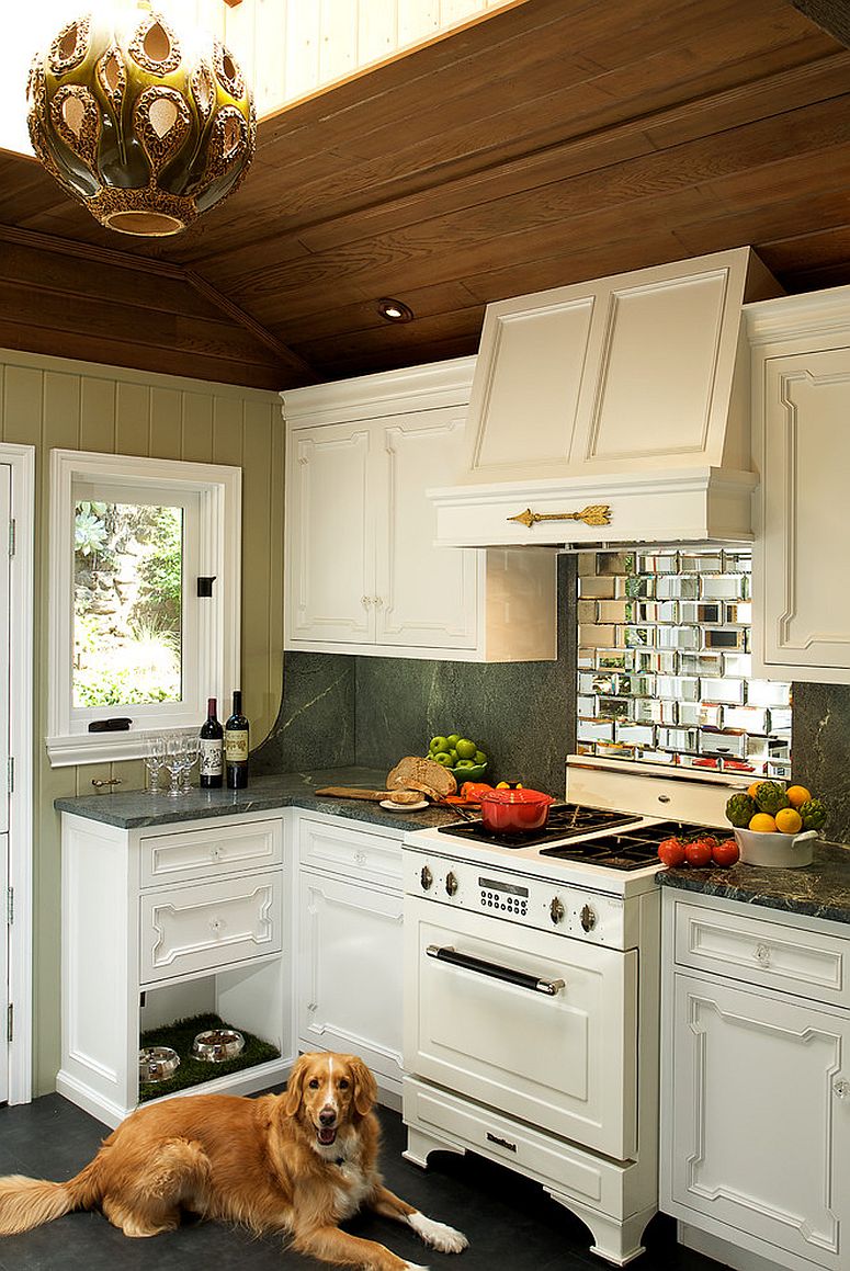 Tiles add reflective beauty to the eclectic kitchen backsplash