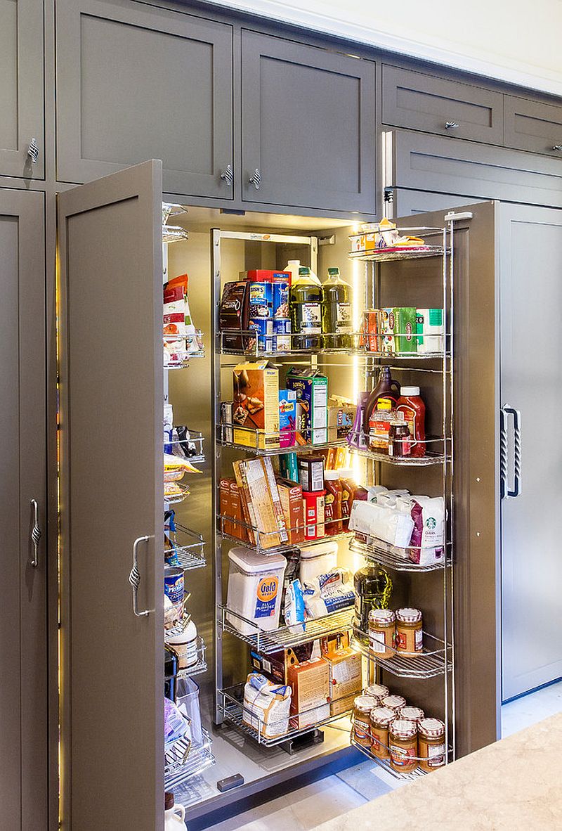 gray kitchen pantry filled entirely with metal racking