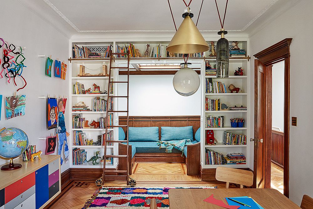 Wall of books along with table for the kids' study room