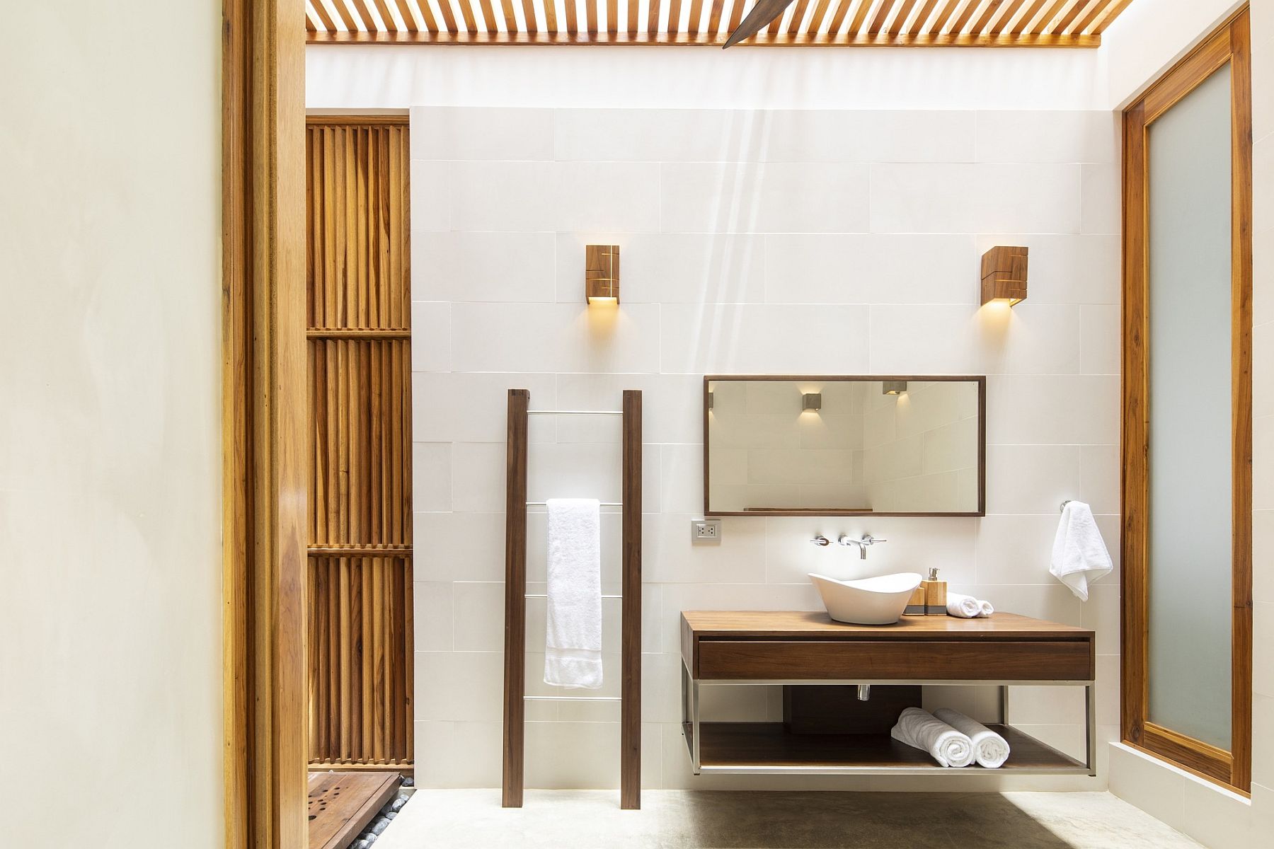 Wood and white contemporary bathroom idea