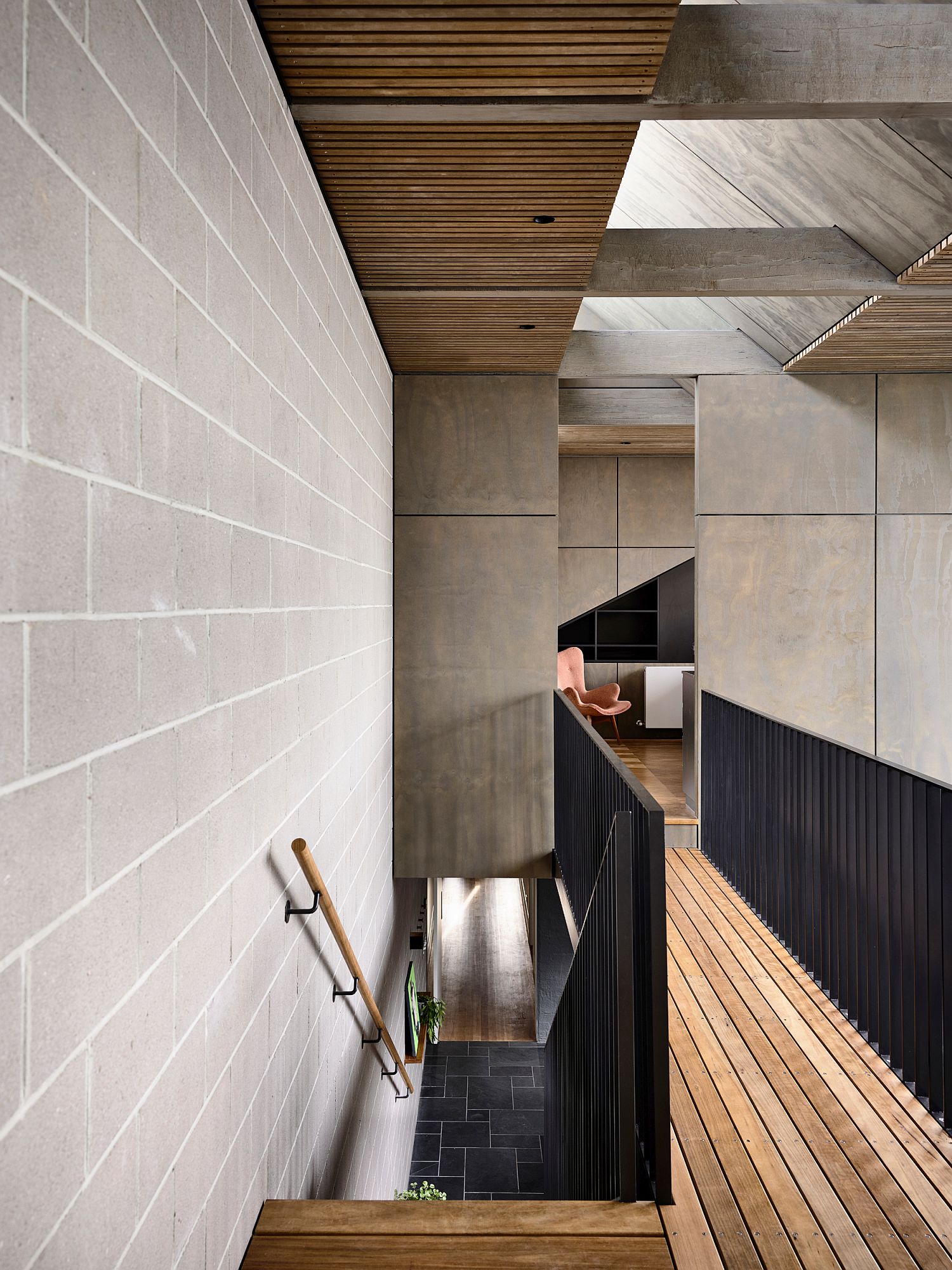 Wood, metal and cement interior of the Melbourne home