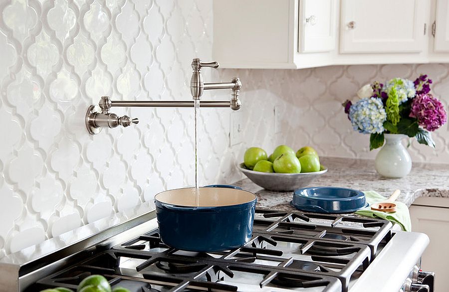 Contemporary kitchen backsplash with Moroccan tile in neutral hues