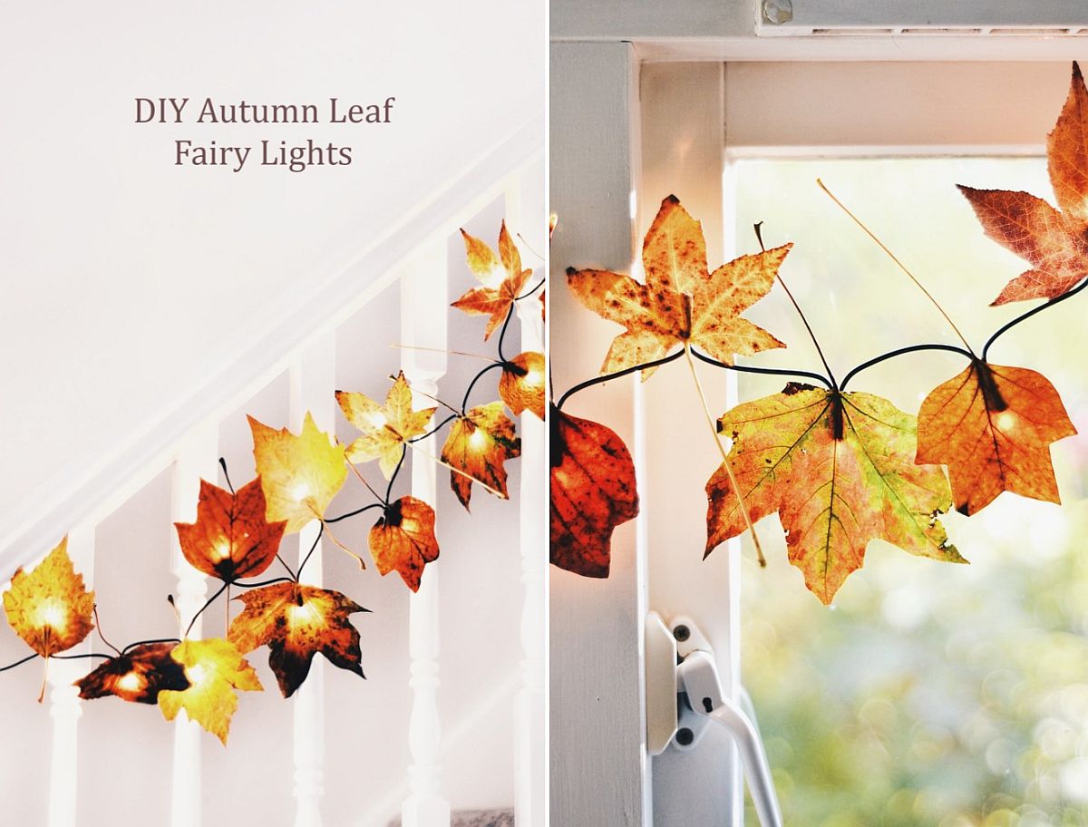 DIY autumn leaf fairy lights look great during Christmas as well