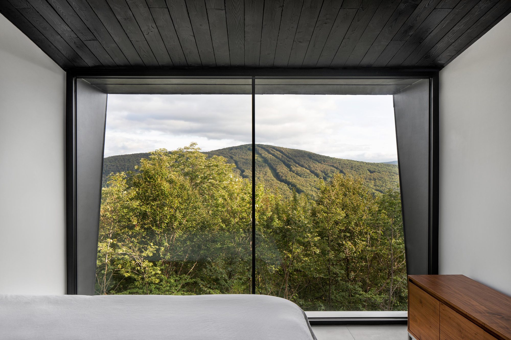 It is forest everywhere as you look outside the bedroom floor-to-ceiling window
