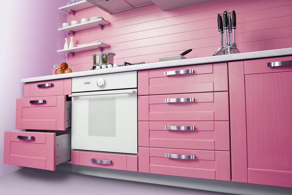 Pink cabinets and backdrop for the modern kitchen