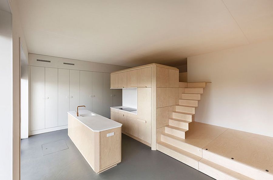 Staircase leads to the small loft level bed above the bathroom and closet