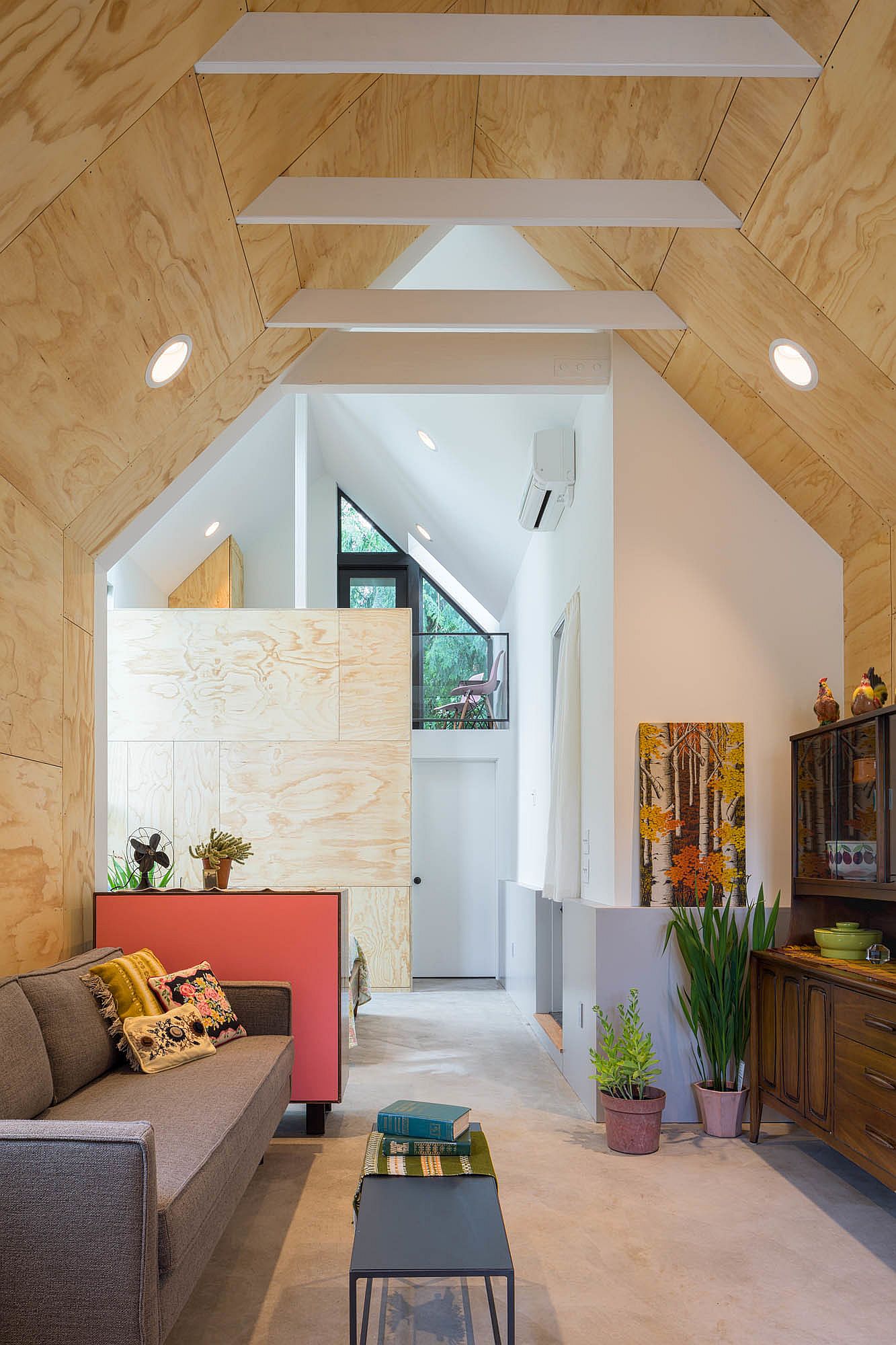 Wood-clad walls and ceiling of the Seattle home