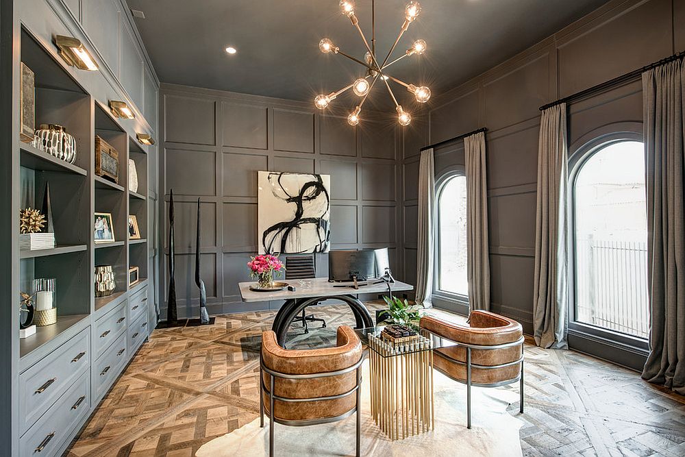 A touch of glam for the double-height home office with ample shelving space