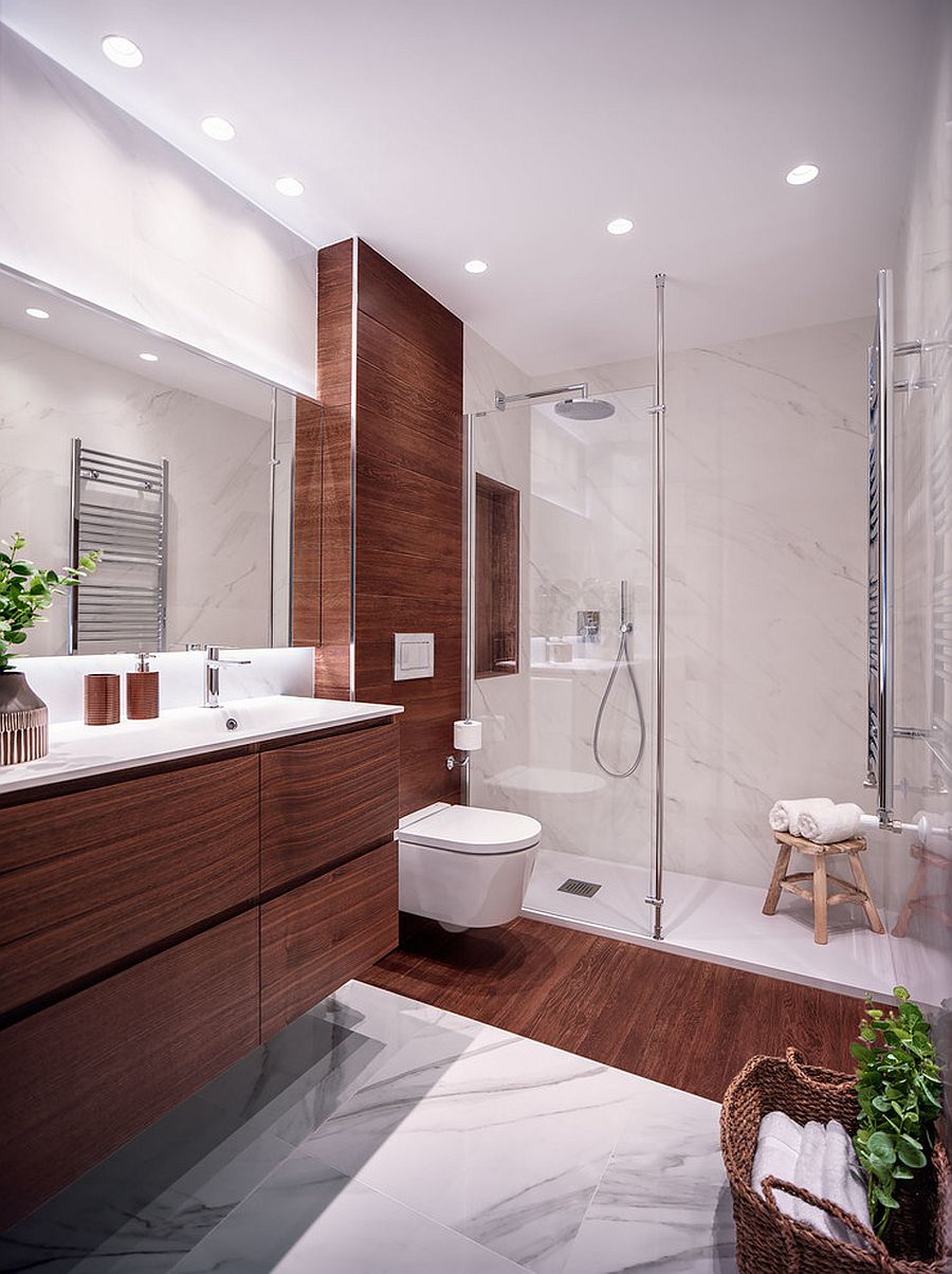 Adding wood to the contemporary bathroom brings warmth to the space