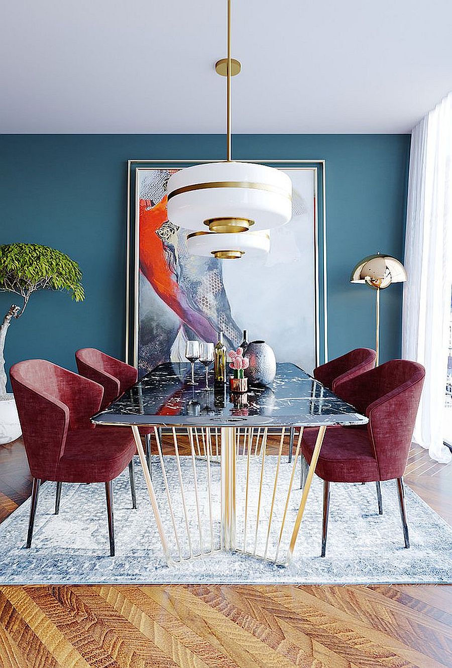 Blue-dining-room-where-metal-and-white-mix-beautifully