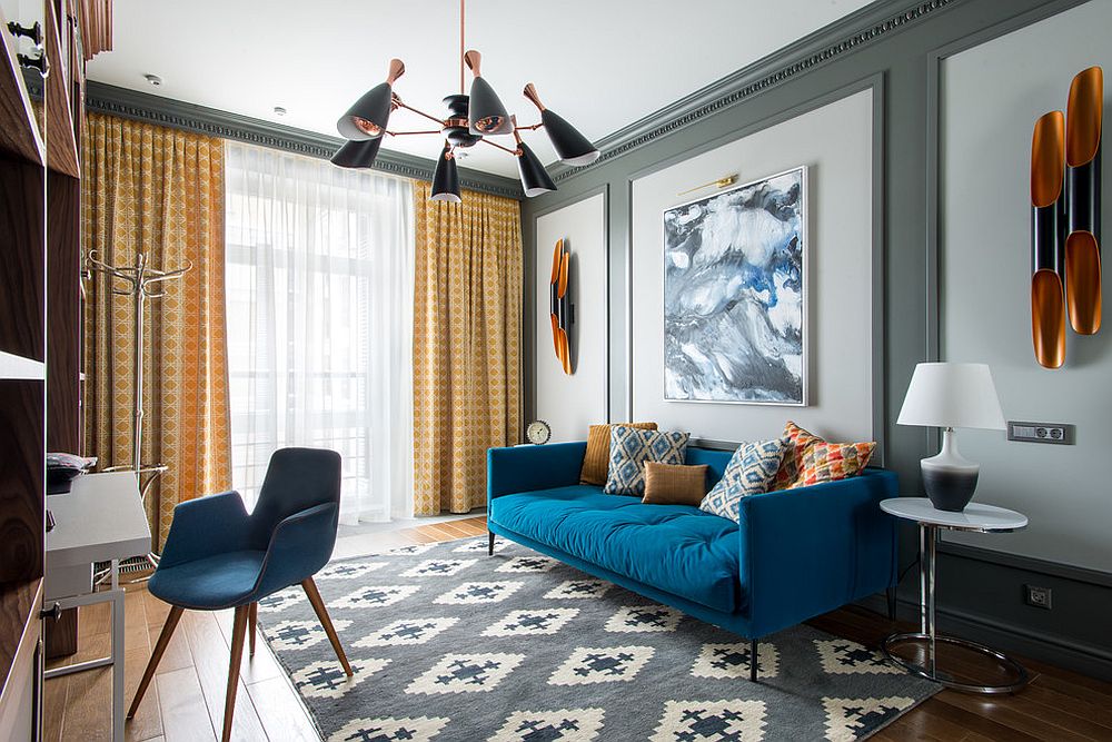 Charming home office in white and gray with brilliant blue decor