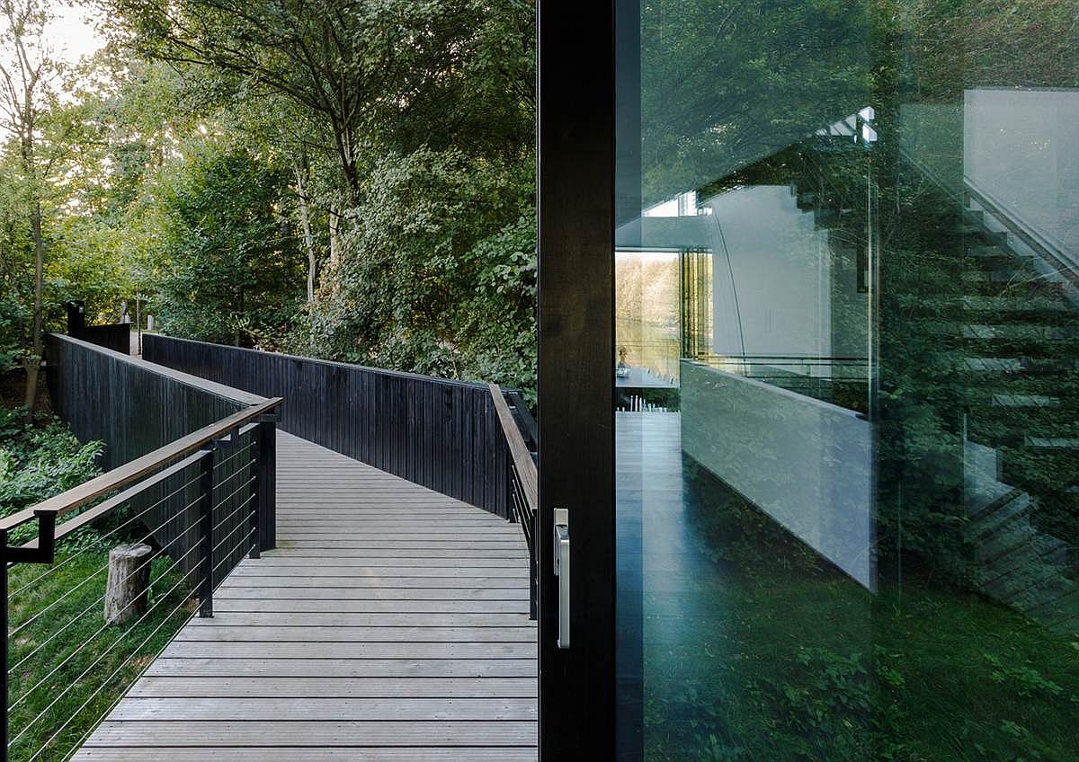 Curved entrance path through the thick layer of greenery leads to the lake house