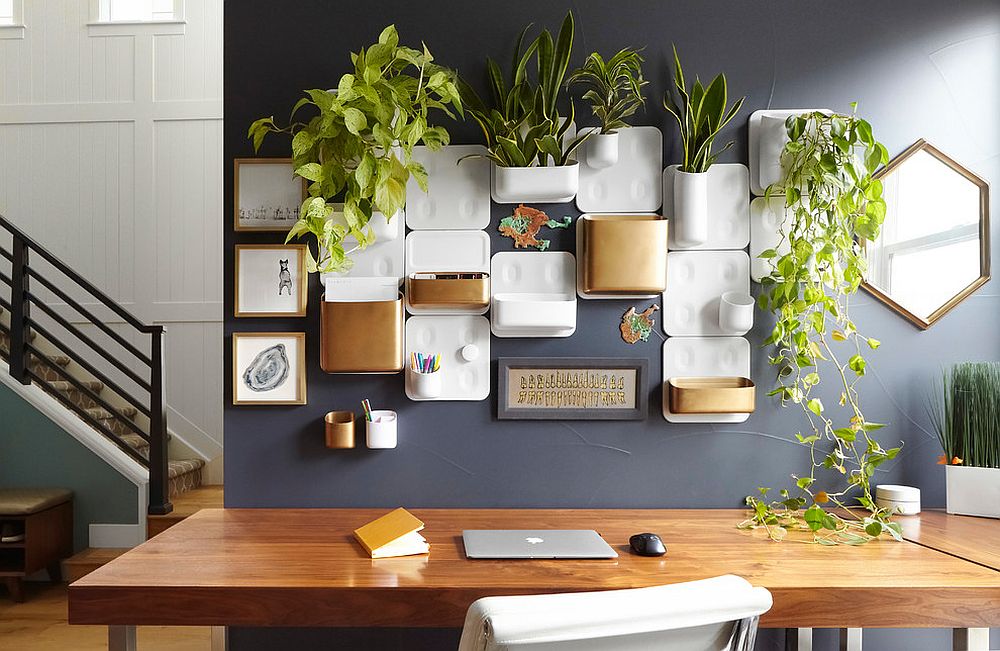 Dashing home office space in gray with lovely wall storage system and set of planters