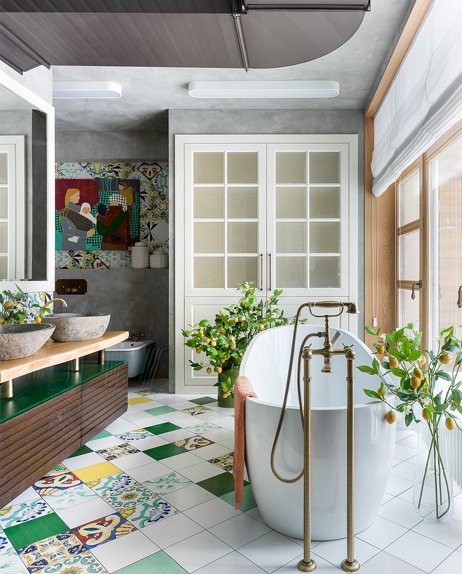 Eclectic bathroom in white and wood with pops of green