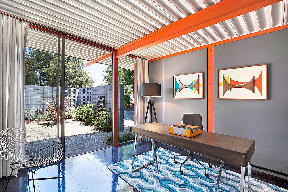 Eclectic midcentury home office with vivacious orange accents