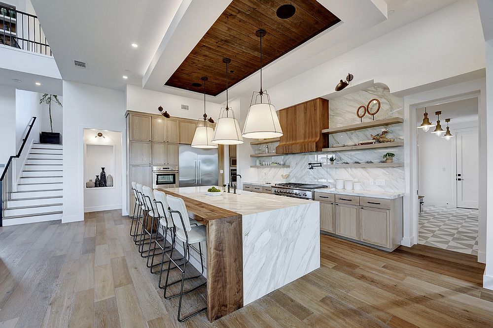 Exquisite and spacious kitchen in white and wood