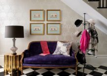 Exquisite-entry-with-wallpapered-backdrop-hats-hanger-and-pops-of-gold-and-purple-217x155