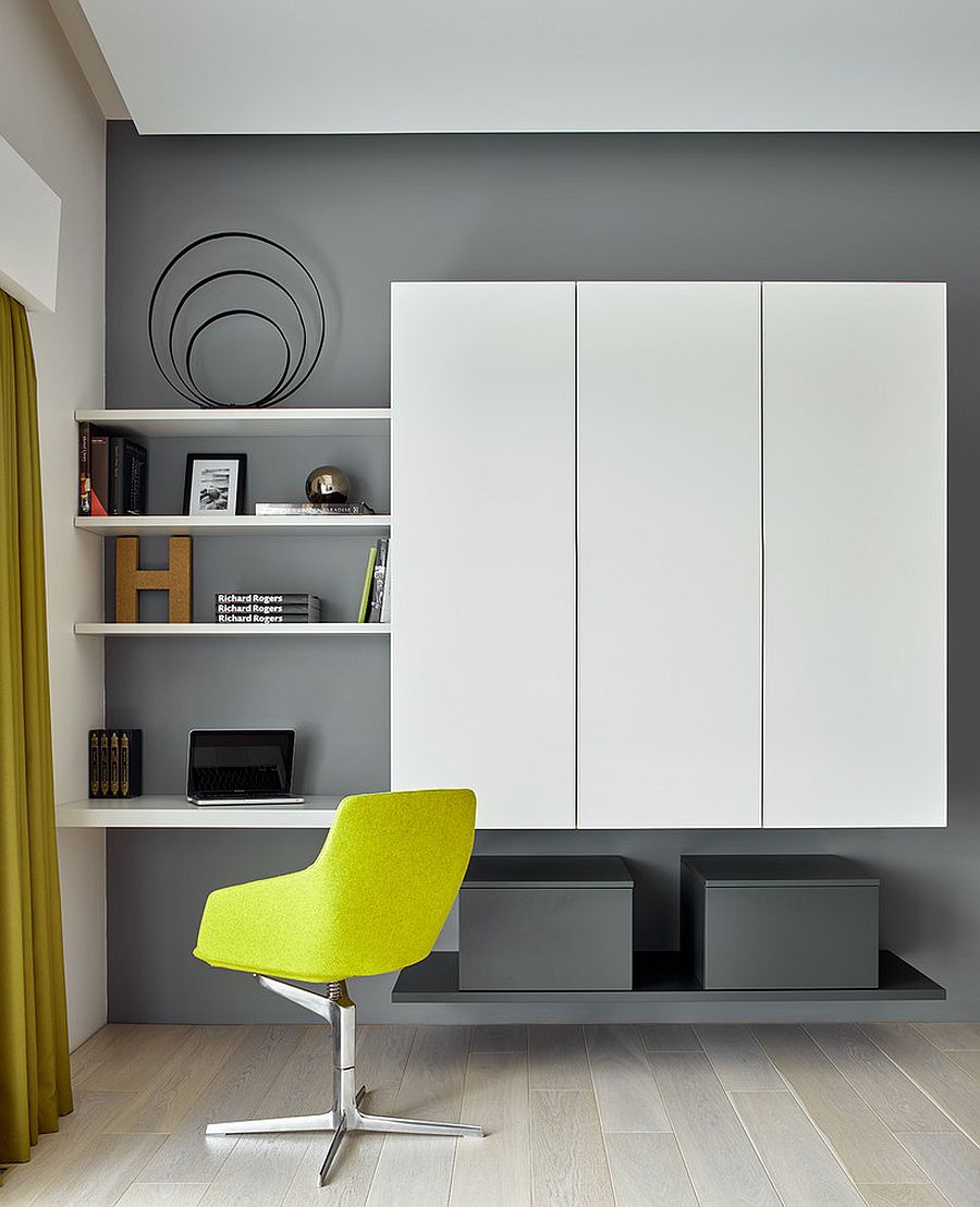 Exquisite-minimal-home-office-in-gray-with-wall-storage-system