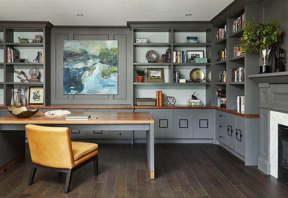 Extensive wall shelves and storage units in the spacious gray home office