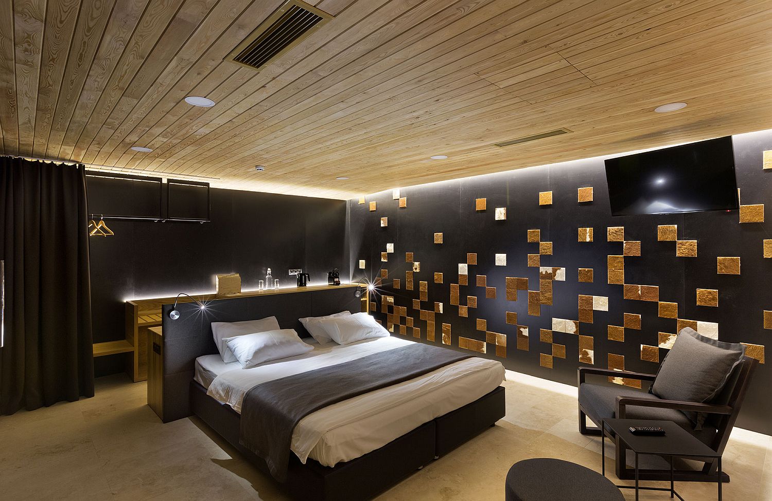 Fabulous use of 3D wall additions to give the bedroom a unique appeal