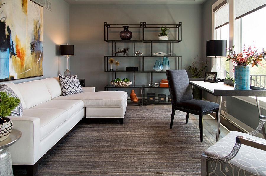 Gorgeous cube style open shelves for the large gray home office