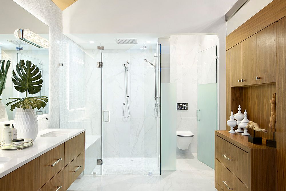 Large wooden vanity and storage unit for the spacious bathroom in white