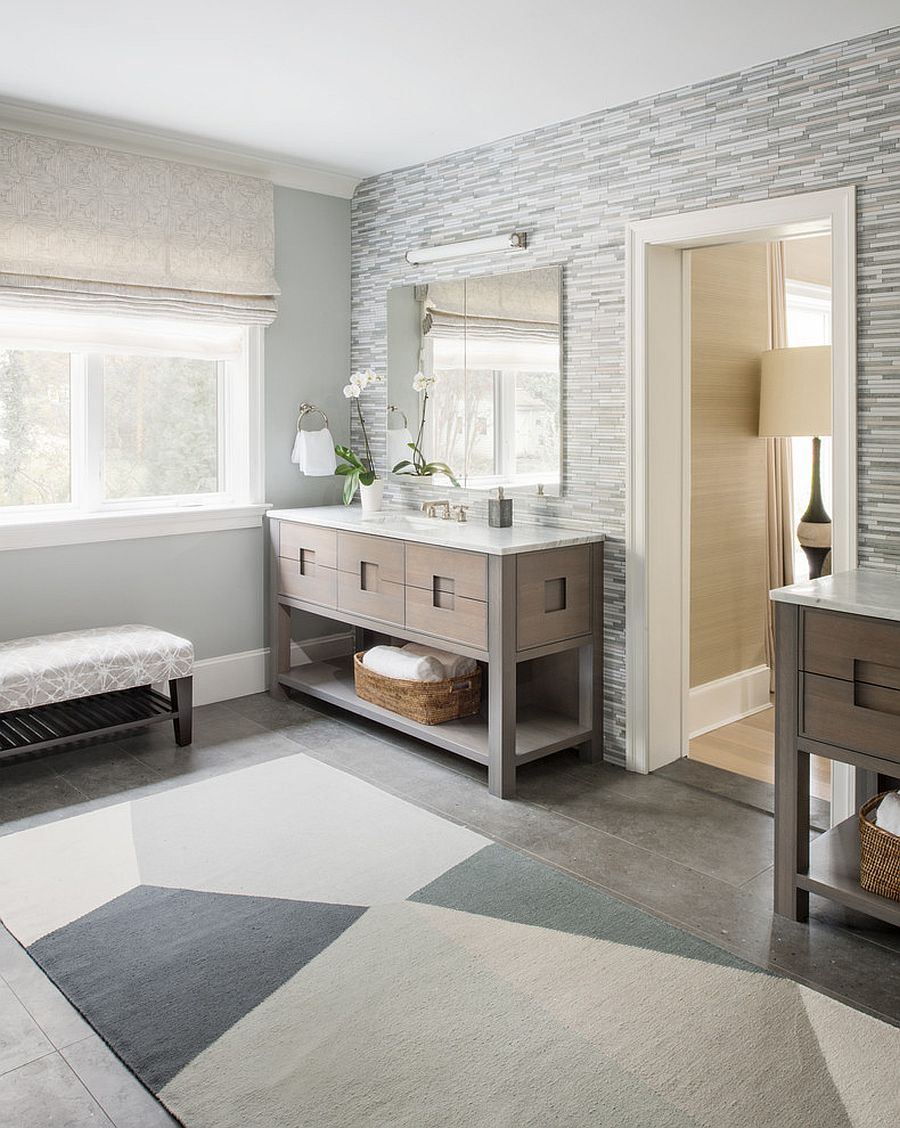 Lighter tones of wood coupled with white in the spacious transitional bathroom