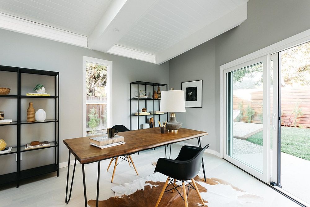 Midcentury modern home office with ample natural light and white ceiling