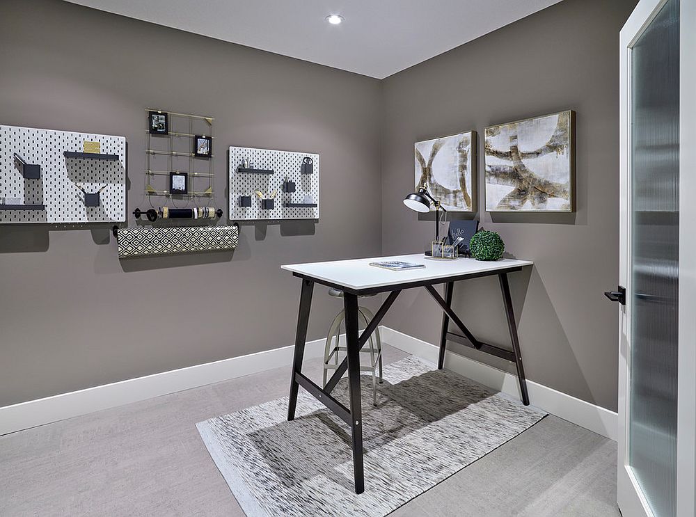 25 Trendy Gray Home Offices Combining Sophistication With Organization   Minimal And Functional Home Office In Gray With Smart Wall Storage Options 