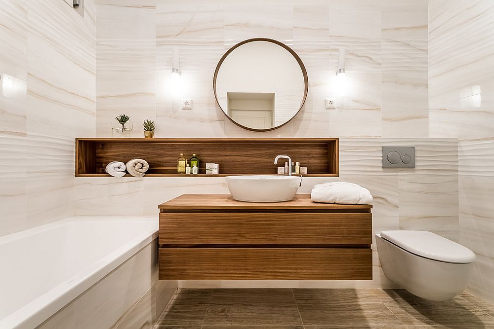 Minimal and modern white bathroom with wood sections and vanity