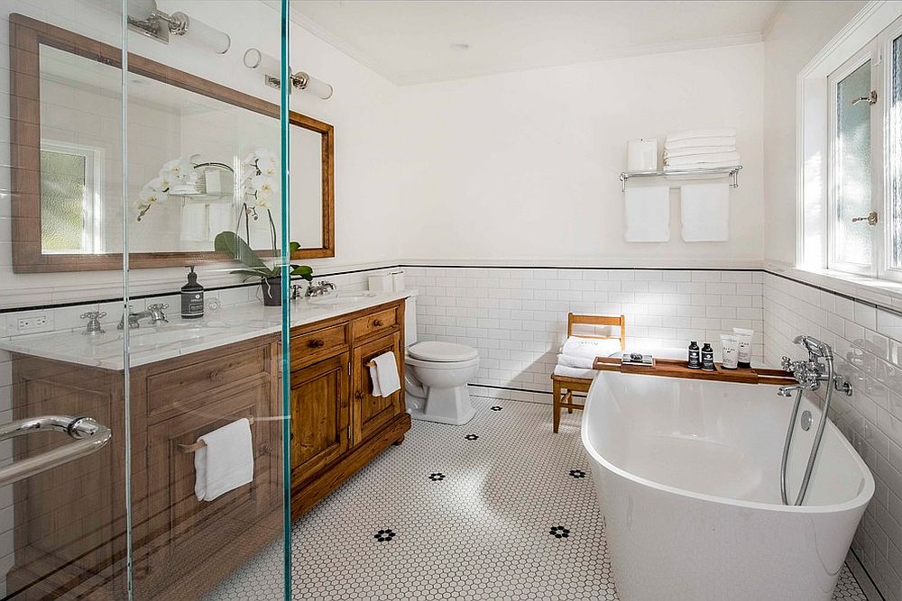 Modern farmhouse bathroom in wood and white