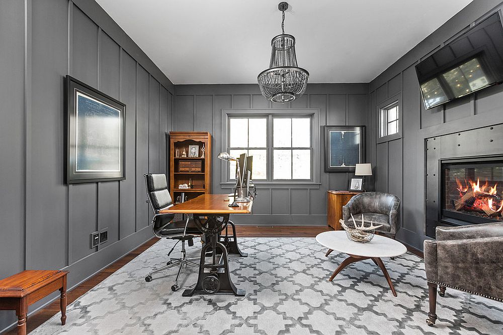 Modern farmhouse home office with gray walls and pattern-filled floor carpet