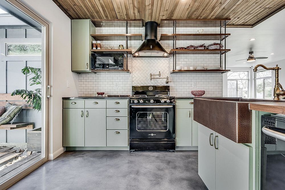 Modern industrial kitchen in white, wood and a dash of gentel pastel green