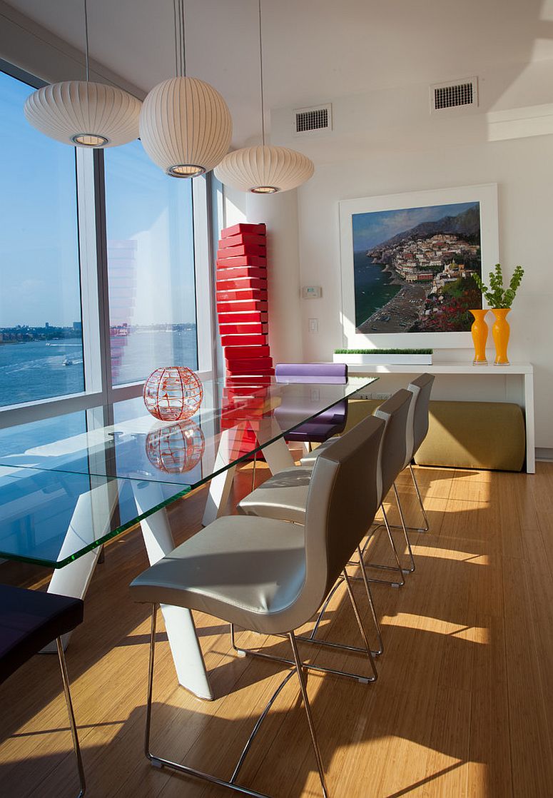 Pendants add oriental charm to the high-ceiling dining room