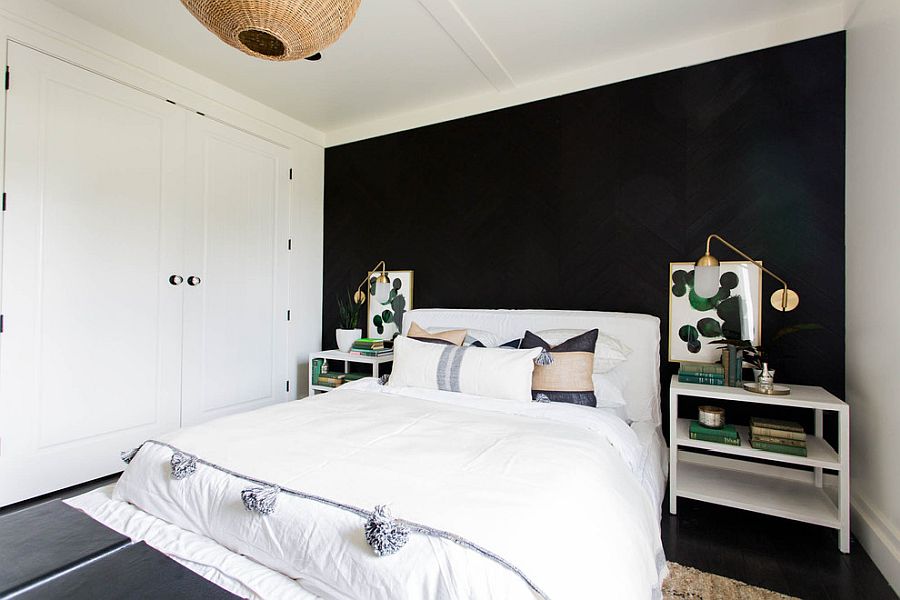 Perfect black accent wall for the modern farmhouse style bedroom with rattan decor