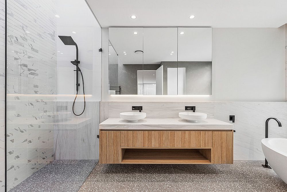 White and store wood bathroom vanity