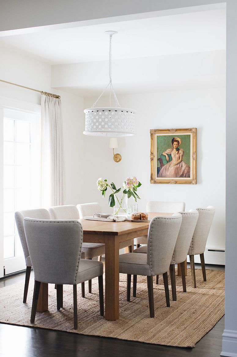 Texture and pattern find a place despite the lack of bright color in this dining room