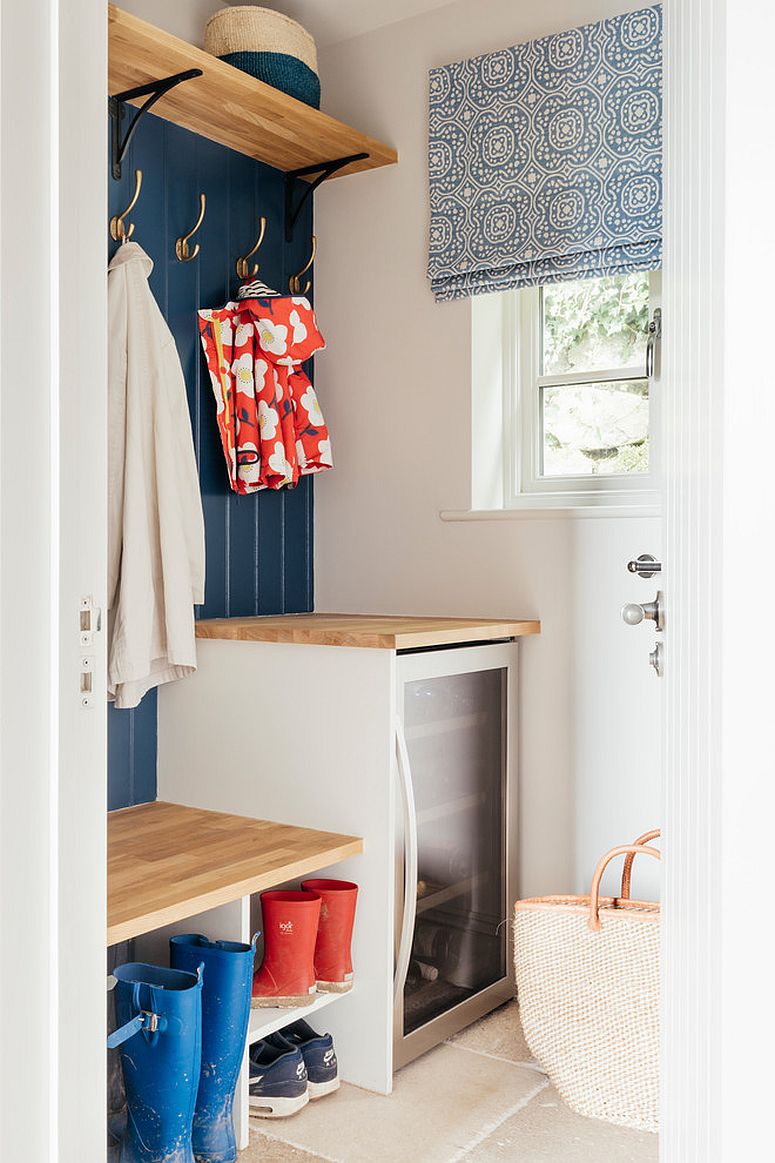 Tiny white and blue mudroom idea