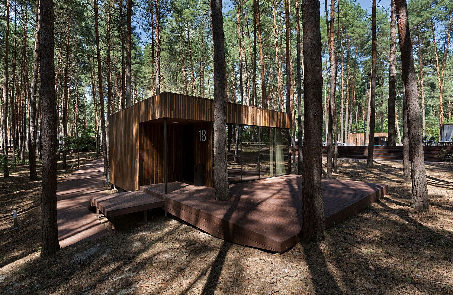 Treated wooden exterior of the eco-freindly guest houses