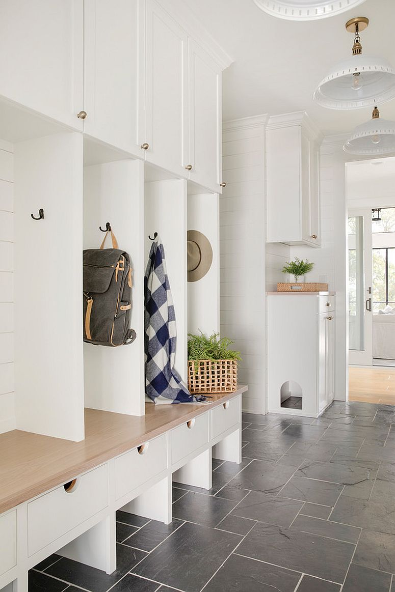 Utlizing vertical space to the hilt in the modest mudroom