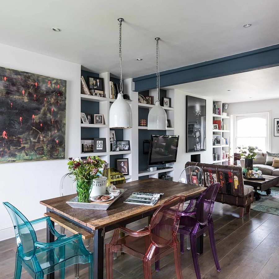 White pendants bring industrial charm to this eclectic dining room